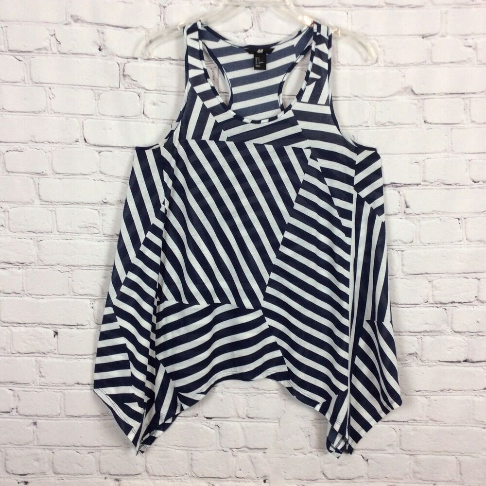 H&M Womens Sz S Tank Top Racerback Blue & White Geometric Print Handkerchief Hem